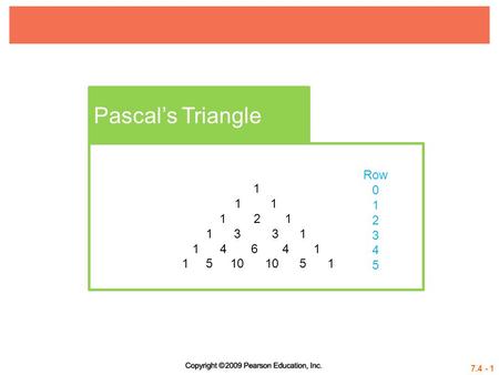 Pascal’s Triangle Row 1 2 3 4 5 1 1	 1 1 2 1 1 3 3 1 1 4 6 4 1 1 5 10 10 5.