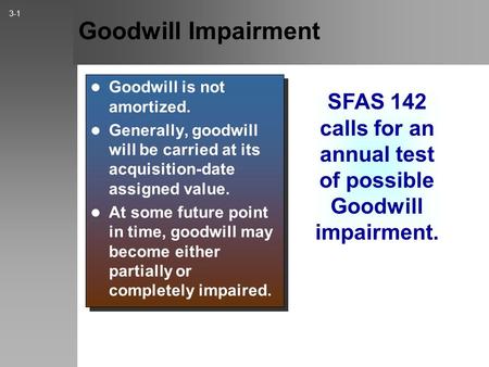 Goodwill Impairment Goodwill is not amortized. Generally, goodwill will be carried at its acquisition-date assigned value. At some future point in time,