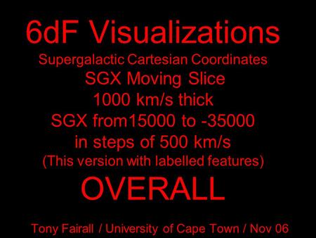 6dF Visualizations Supergalactic Cartesian Coordinates SGX Moving Slice 1000 km/s thick SGX from15000 to -35000 in steps of 500 km/s (This version with.