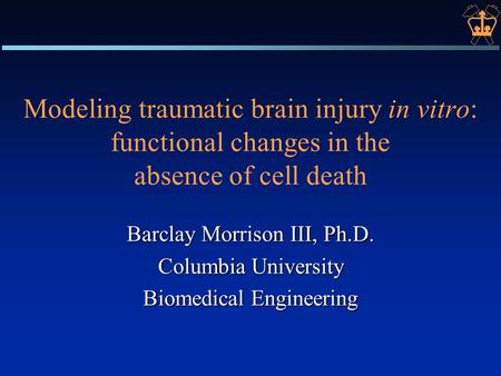Modeling traumatic brain injury in vitro: functional changes in the absence of cell death Barclay Morrison III, Ph.D. Columbia University Biomedical Engineering.
