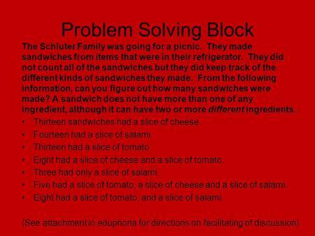 Problem Solving Block The Schluter Family was going for a picnic. They made sandwiches from items that were in their refrigerator. They did not count.