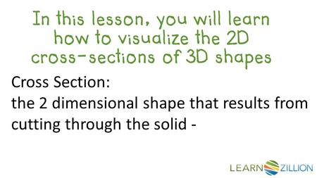 In this lesson, you will learn how to visualize the 2D cross-sections of 3D shapes Cross Section: the 2 dimensional shape that results from cutting through.