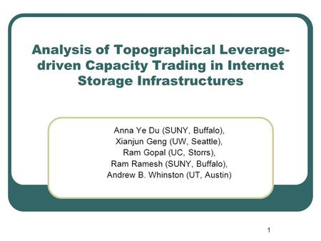 1 Analysis of Topographical Leverage- driven Capacity Trading in Internet Storage Infrastructures Anna Ye Du (SUNY, Buffalo), Xianjun Geng (UW, Seattle),