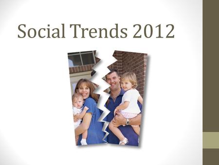 Social Trends 2012. Topics Expansion in early years education Ageing population and home carer abuse Divorce rate increase Unemployment and benefits High.