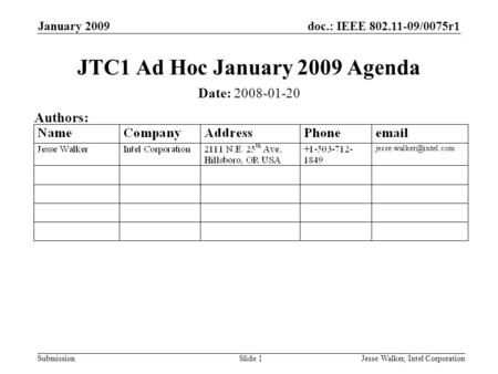 Doc.: IEEE 802.11-09/0075r1 Submission January 2009 Jesse Walker, Intel CorporationSlide 1 JTC1 Ad Hoc January 2009 Agenda Date: 2008-01-20 Authors: