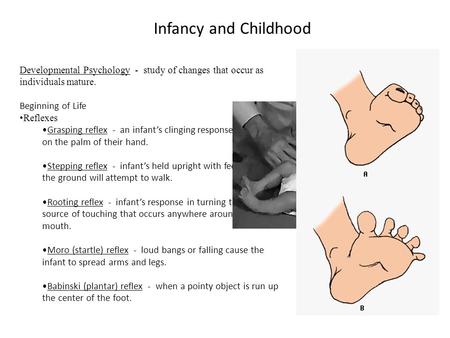 Infancy and Childhood Developmental Psychology - study of changes that occur as individuals mature. Beginning of Life Reflexes Grasping reflex - an infant’s.