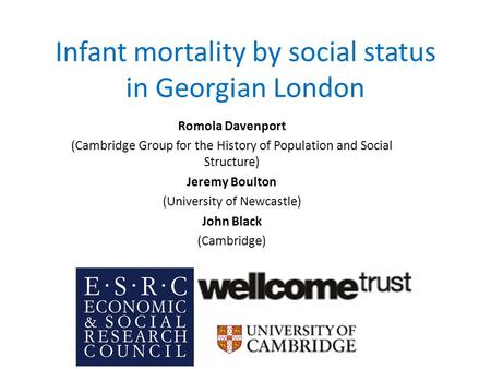 Infant mortality by social status in Georgian London Romola Davenport (Cambridge Group for the History of Population and Social Structure) Jeremy Boulton.