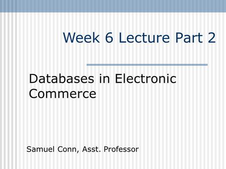 Week 6 Lecture Part 2 Databases in Electronic Commerce Samuel Conn, Asst. Professor.