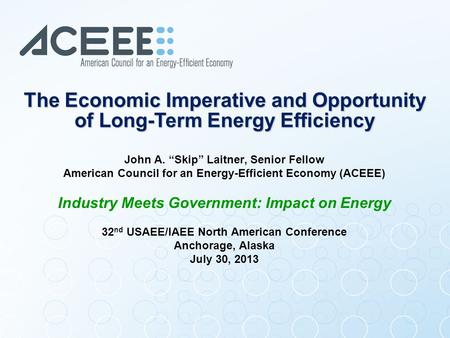 John A. “Skip” Laitner, Senior Fellow American Council for an Energy-Efficient Economy (ACEEE) Industry Meets Government: Impact on Energy 32 nd USAEE/IAEE.