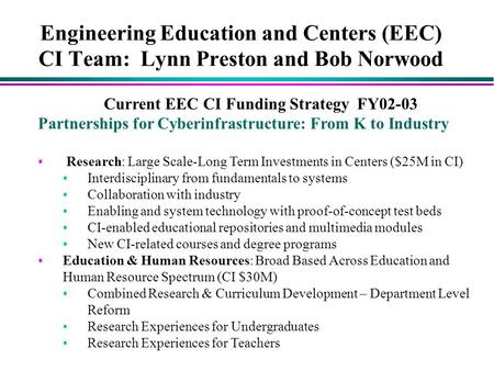 Engineering Education and Centers (EEC) CI Team: Lynn Preston and Bob Norwood Current EEC CI Funding Strategy FY02-03 Partnerships for Cyberinfrastructure: