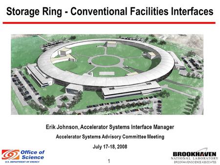 1 BROOKHAVEN SCIENCE ASSOCIATES Storage Ring - Conventional Facilities Interfaces Erik Johnson, Accelerator Systems Interface Manager Accelerator Systems.