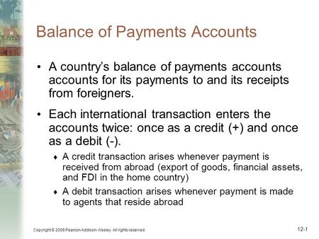 Copyright © 2006 Pearson Addison-Wesley. All rights reserved. 12-1 Balance of Payments Accounts A country’s balance of payments accounts accounts for its.