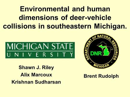 Environmental and human dimensions of deer-vehicle collisions in southeastern Michigan. Shawn J. Riley Alix Marcoux Krishnan Sudharsan Brent Rudolph.