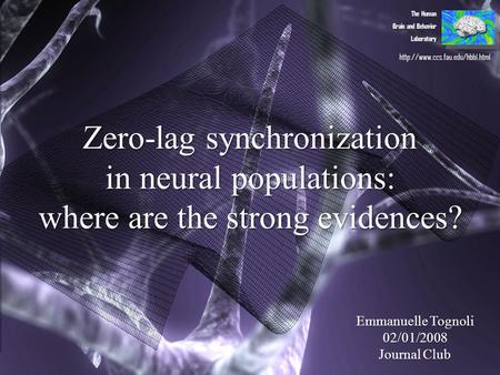Zero-lag synchronization in neural populations: where are the strong evidences? The Human Brain and Behavior Laboratory Emmanuelle Tognoli 02/01/2008 Journal.