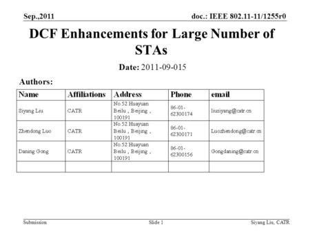 Doc.: IEEE 802.11-11/1255r0 Submission Sep.,2011 Siyang Liu, CATRSlide 1 DCF Enhancements for Large Number of STAs Date: 2011-09-015 Authors: