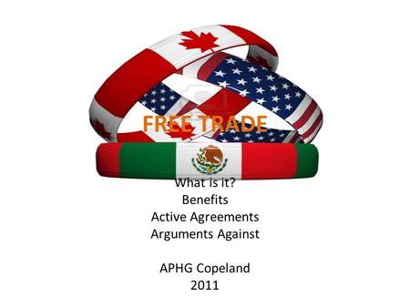 FREE TRADE What is it? Benefits Active Agreements Arguments Against APHG Copeland 2011.