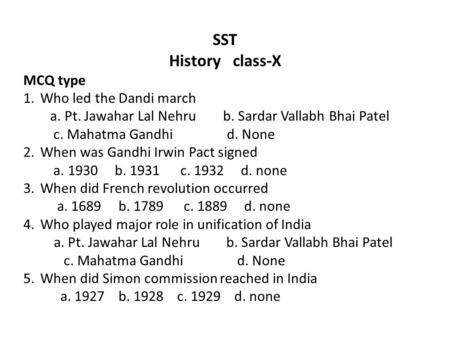 SST History class-X MCQ type Who led the Dandi march