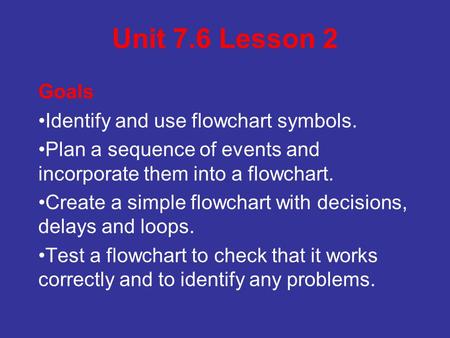 Unit 7.6 Lesson 2 Goals Identify and use flowchart symbols. Plan a sequence of events and incorporate them into a flowchart. Create a simple flowchart.