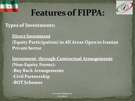 Types of Investments: Direct Investment (Equity Participation) in All Areas Open to Iranian Private Sector Investment through Contractual Arrangements.