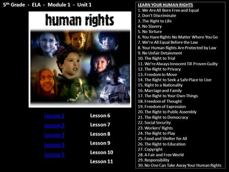 LEARN YOUR HUMAN RIGHTS 1. We Are All Born Free and Equal 2. Don’t Discriminate 3. The Right to Life 4. No Slavery 5. No Torture 6. You Have Rights No.