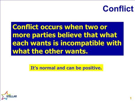 11 Conflict Conflict occurs when two or more parties believe that what each wants is incompatible with what the other wants. It’s normal and can be positive.