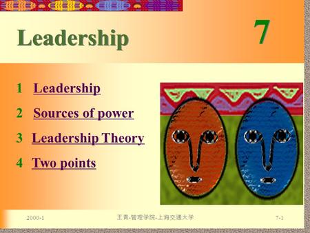 2000-1 王青 - 管理学院 - 上海交通大学 7-1 7 7 Leadership 1 LeadershipLeadership 2 Sources of powerSources of power 3Leadership TheoryLeadership Theory 4Two pointsTwo.