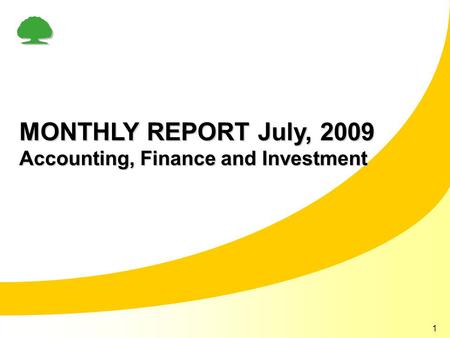 1 MONTHLY REPORT July, 2009 Accounting, Finance and Investment.