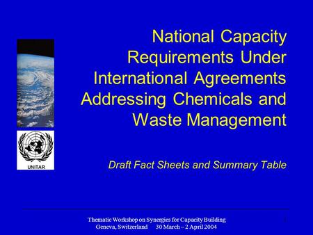 Thematic Workshop on Synergies for Capacity Building Geneva, Switzerland 30 March – 2 April 2004 1 National Capacity Requirements Under International Agreements.