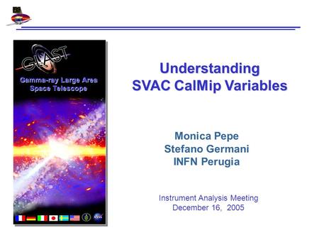 Gamma-ray Large Area Space Telescope Understanding SVAC CalMip Variables Monica Pepe Stefano Germani INFN Perugia Instrument Analysis Meeting December.