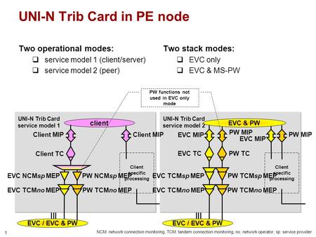 1 UNI-N Trib Card in PE node Two operational modes:  service model 1 (client/server)  service model 2 (peer) Two stack modes:  EVC only  EVC & MS-PW.