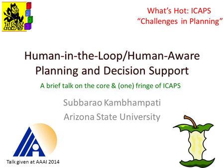 Subbarao Kambhampati Arizona State University What’s Hot: ICAPS “Challenges in Planning” A brief talk on the core & (one) fringe of ICAPS Talk given at.