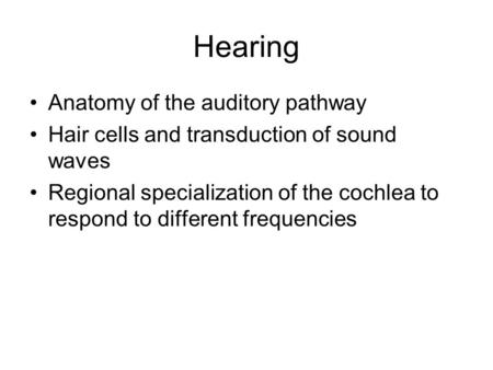 Hearing Anatomy of the auditory pathway Hair cells and transduction of sound waves Regional specialization of the cochlea to respond to different frequencies.