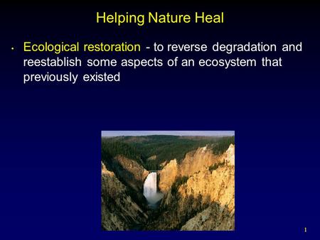 1 Helping Nature Heal Ecological restoration - to reverse degradation and reestablish some aspects of an ecosystem that previously existed.