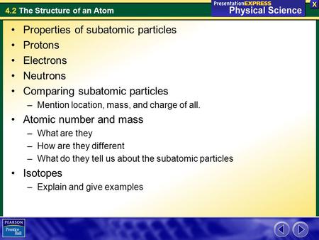 Properties of subatomic particles Protons Electrons Neutrons