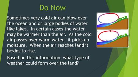 Do Now Sometimes very cold air can blow over the ocean and or large bodies of water like lakes. In certain cases the water may be warmer than the air.