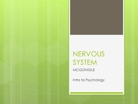 NERVOUS SYSTEM MCGONIGLE Intro to Psychology. Nervous System  Made up of the spinal cord and the brain  Neurons : Nerve cell – the neurons transmit.