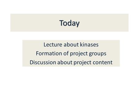 Today Lecture about kinases Formation of project groups Discussion about project content.