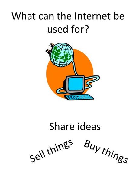 What can the Internet be used for? Buy things Share ideas Sell things.