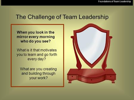 Foundations of Team Leadership When you look in the mirror every morning who do you see? What is it that motivates you to learn and go forth every day?