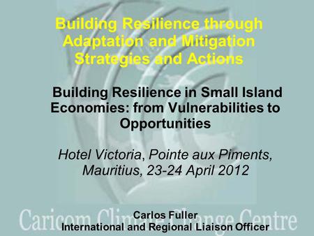 Building Resilience in Small Island Economies: from Vulnerabilities to Opportunities Hotel Victoria, Pointe aux Piments, Mauritius, 23-24 April 2012 Carlos.