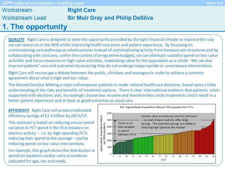 QIPP national workstream – briefing paper Slide 1 of 4 WorkstreamRight Care Workstream LeadSir Muir Gray and Philip DaSilva 1. The opportunity QUALITY.