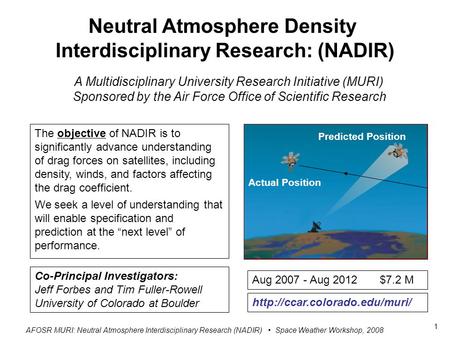 AFOSR MURI: Neutral Atmosphere Interdisciplinary Research (NADIR) Space Weather Workshop, 2008 1 Neutral Atmosphere Density Interdisciplinary Research: