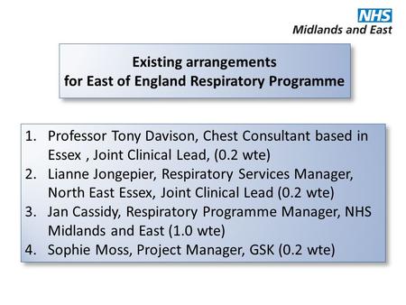 Existing arrangements for East of England Respiratory Programme 1.Professor Tony Davison, Chest Consultant based in Essex, Joint Clinical Lead, (0.2 wte)