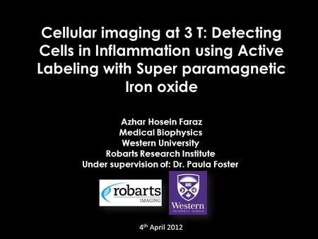 Cellular imaging at 3 T: Detecting Cells in Inflammation using Active Labeling with Super paramagnetic Iron oxide Azhar Hosein Faraz Medical Biophysics.
