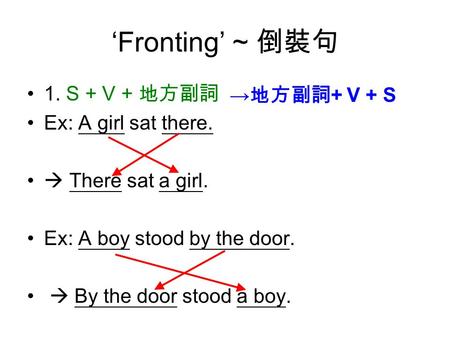 ‘Fronting’ ~ 倒裝句 1. S + V + 地方副詞 Ex: A girl sat there.  There sat a girl. Ex: A boy stood by the door.  By the door stood a boy. → 地方副詞 + V + S.