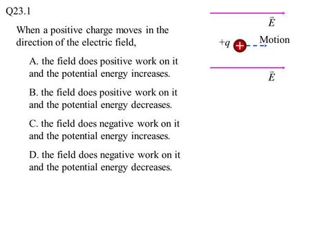Q23.1 When a positive charge moves in the direction of the electric field, Motion +q A. the field does positive work on it and the potential energy increases.