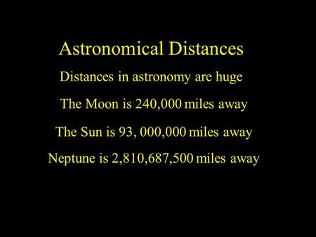 Astronomical Distances Distances in astronomy are huge The Moon is 240,000 miles away The Sun is 93, 000,000 miles away Neptune is 2,810,687,500 miles.