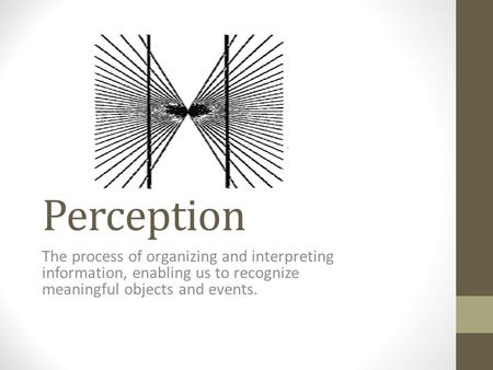 Perception The process of organizing and interpreting information, enabling us to recognize meaningful objects and events.