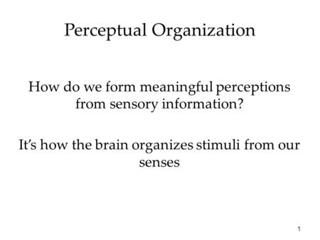 1 Perceptual Organization How do we form meaningful perceptions from sensory information? It’s how the brain organizes stimuli from our senses.
