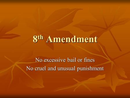 8 th Amendment No excessive bail or fines No cruel and unusual punishment.